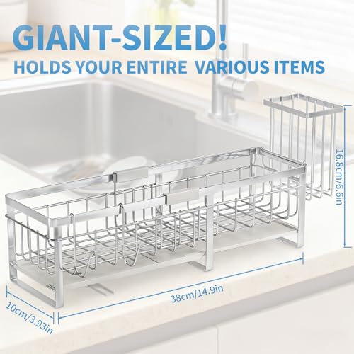 Aurblozen Extra Large Extendable Sponge Holder for Kitchen Sink Rustproof Sink Caddy Organizer with High Brush Holder Dish Soap Dispenser Organizers and Storage Stainless Steel - Image 3