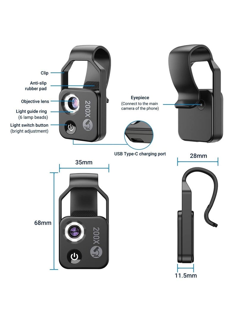 KASTWAVE Mobile Phone Microscope, 200x Mini Pocket Microscope with LED Light/ Universal Clip Portable Digital Magnifier Camera Accessory with CPL Lens Compatible with iPhone/Andriod Phones(Black) - Image 2