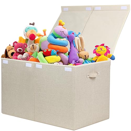 popoly 122L Large Toy Box Chest with Lid Foldable Toy Storage Organizer Bin Boxes with Removable Divider for Kids Boys Girls Nursery Playroom 26x17 x17 Linen Beige - Image 1