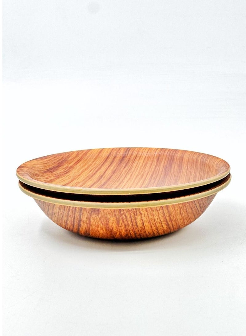 Plastic Round Deep Plate Wooden Color 15.5 CM 2 Pcs Set  - Image 2