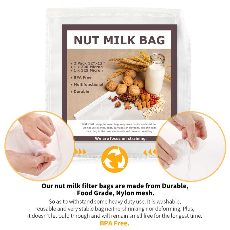 SCENGCLOS Nut Milk Bags, 12"x12", 2 Pack, Reusable Nylon Food Strainer, Multi-use Food Grade Filter for Almond Milk, Juice, Tea, Cold Brew Coffee(1x200 Micron & 1x125 Micron) - Image 4