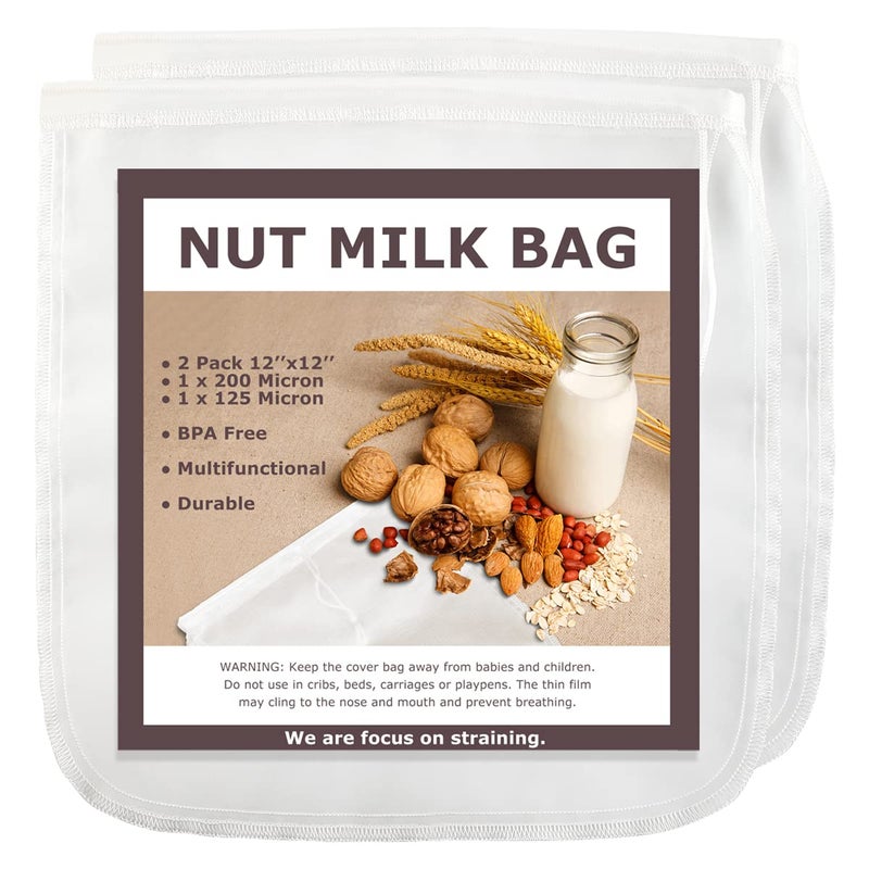 SCENGCLOS Nut Milk Bags, 12"x12", 2 Pack, Reusable Nylon Food Strainer, Multi-use Food Grade Filter for Almond Milk, Juice, Tea, Cold Brew Coffee(1x200 Micron & 1x125 Micron) - Image 1