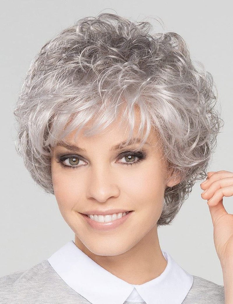 RENERSHOW Short Grey Curly Wigs for White Women Sliver Gray Synthetic Wig with Bangs Full Puffy Curly Grey Short Wig