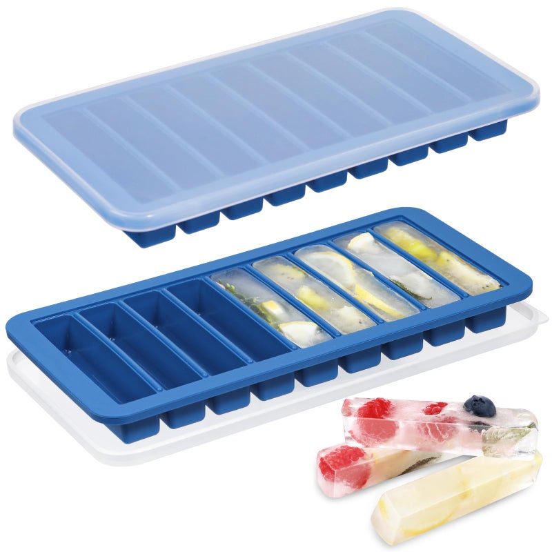Koluti Nonstick Silicone 9 Ice Cubes Freezer Tray with Plastic Lid, 2-Pack Water Bottle Long Narrow Stick Ice Cube Mold Maker, Ideal for Sport Bottles, Cocktail and Whisky, Dishwasher Safe & BPA Free - Image 1