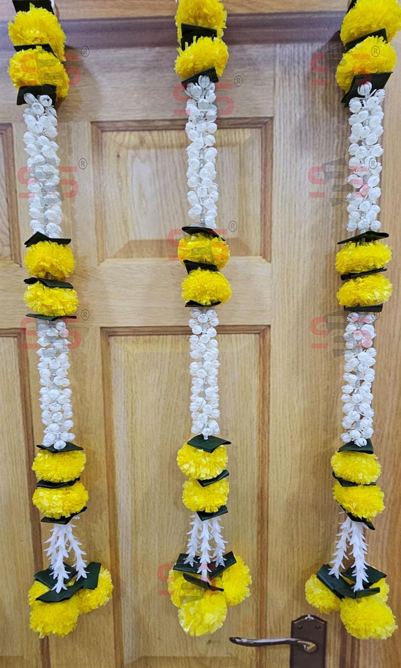 S2S Artificial Plastic Marigold Jasmine Mogra Flower Green Leaves Tassels Garlands Ladi Strings For Decoration Of Home Balcony Wall Hangings HallPack Of 5Height30 Inch Mogra Yellow Flowers - Image 2