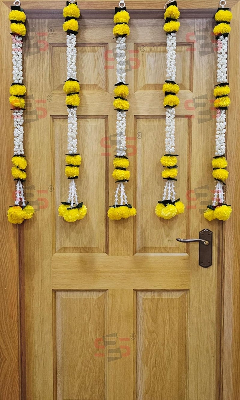 S2S Artificial Plastic Marigold Jasmine Mogra Flower Green Leaves Tassels Garlands Ladi Strings For Decoration Of Home Balcony Wall Hangings HallPack Of 5Height30 Inch Mogra Yellow Flowers - Image 3