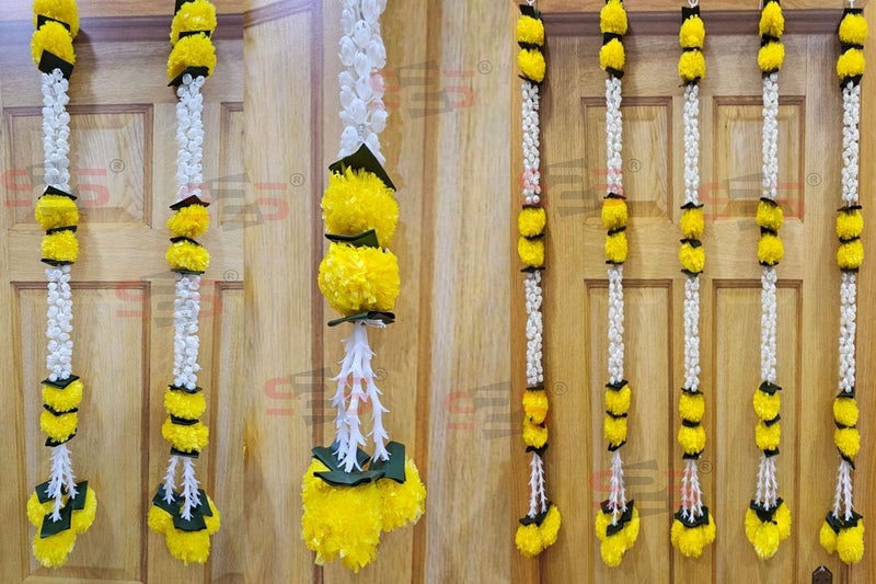S2S Artificial Plastic Marigold Jasmine Mogra Flower Green Leaves Tassels Garlands Ladi Strings For Decoration Of Home Balcony Wall Hangings HallPack Of 5Height30 Inch Mogra Yellow Flowers - Image 4