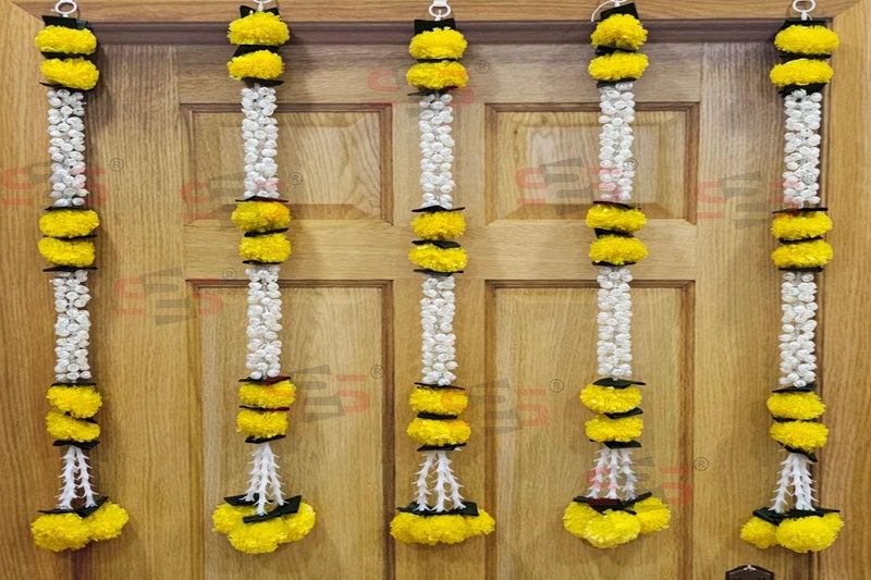 S2S Artificial Plastic Marigold Jasmine Mogra Flower Green Leaves Tassels Garlands Ladi Strings For Decoration Of Home Balcony Wall Hangings HallPack Of 5Height30 Inch Mogra Yellow Flowers - Image 1