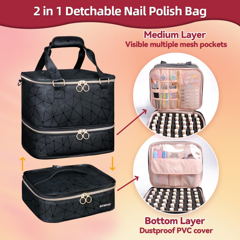 SIYNPAV Nail Polish Organizer Bag Holds 126 Bottles (15ml/0.5fl.oz)& Nail Lamp, 3 Layers Detachable Nail Kit Storage Case PU Leather, Large Travel Nail Supplies Shoulder Bag for Manicure Tools (Black) - Image 4