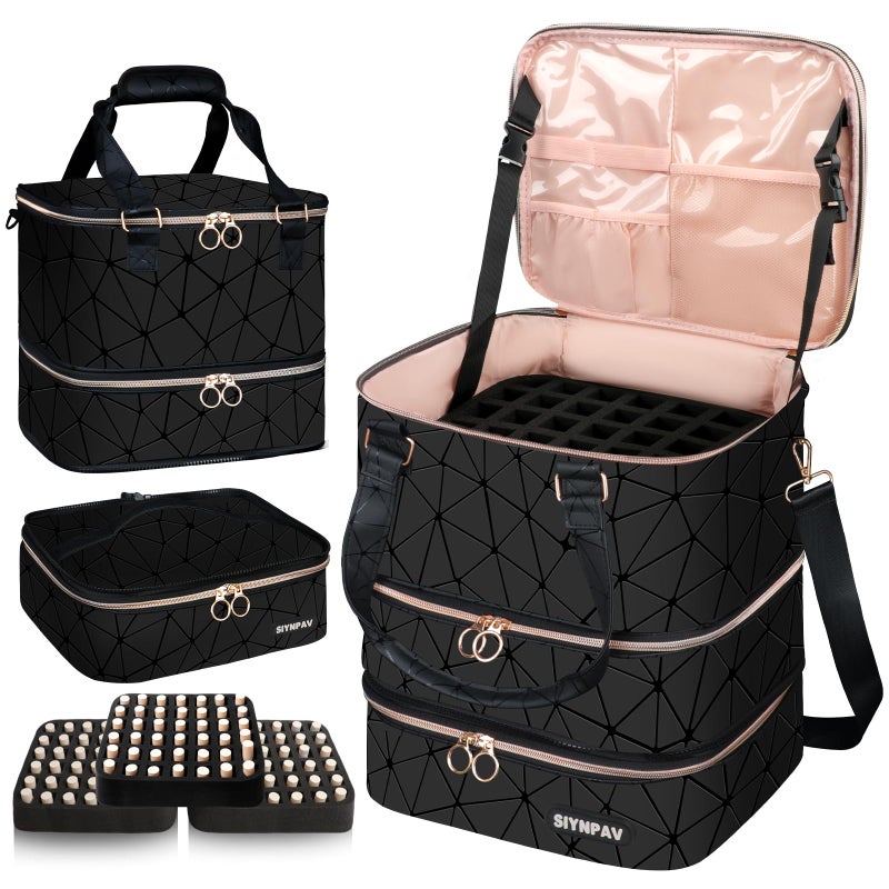 SIYNPAV Nail Polish Organizer Bag Holds 126 Bottles (15ml/0.5fl.oz)& Nail Lamp, 3 Layers Detachable Nail Kit Storage Case PU Leather, Large Travel Nail Supplies Shoulder Bag for Manicure Tools (Black) - Image 1