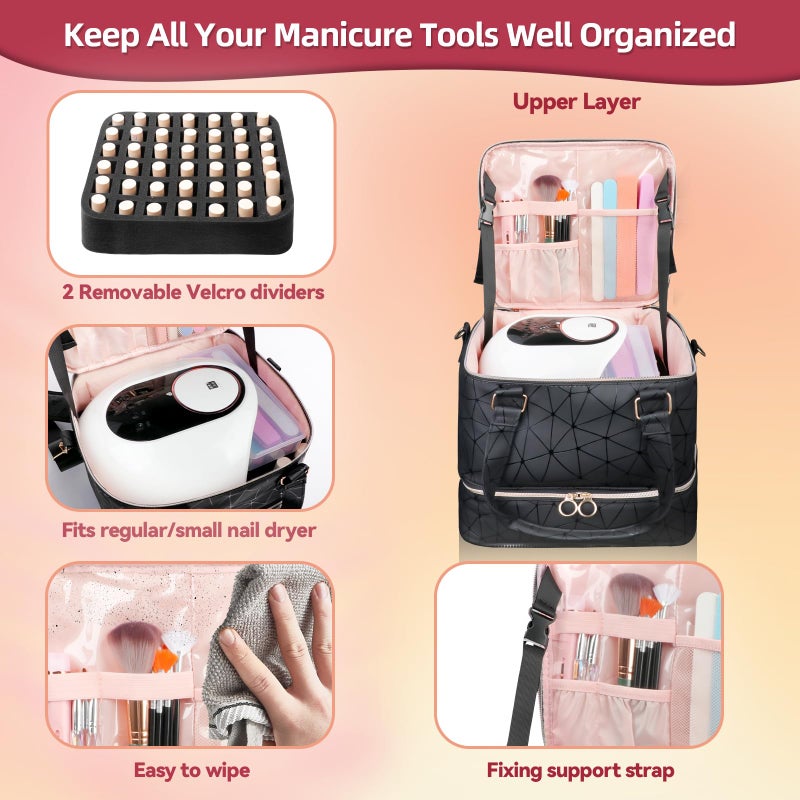 SIYNPAV Nail Polish Organizer Bag Holds 126 Bottles (15ml/0.5fl.oz)& Nail Lamp, 3 Layers Detachable Nail Kit Storage Case PU Leather, Large Travel Nail Supplies Shoulder Bag for Manicure Tools (Black) - Image 3