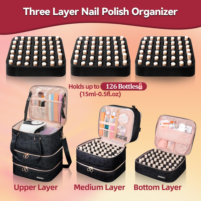 SIYNPAV Nail Polish Organizer Bag Holds 126 Bottles (15ml/0.5fl.oz)& Nail Lamp, 3 Layers Detachable Nail Kit Storage Case PU Leather, Large Travel Nail Supplies Shoulder Bag for Manicure Tools (Black) - Image 2
