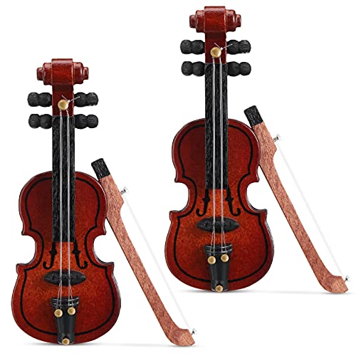 Chalyna 2Piece Mini Violin Model Set Wooden Miniature Violin for Dollhouse Accessory 256 x 098 x 039 Inch - Image 1