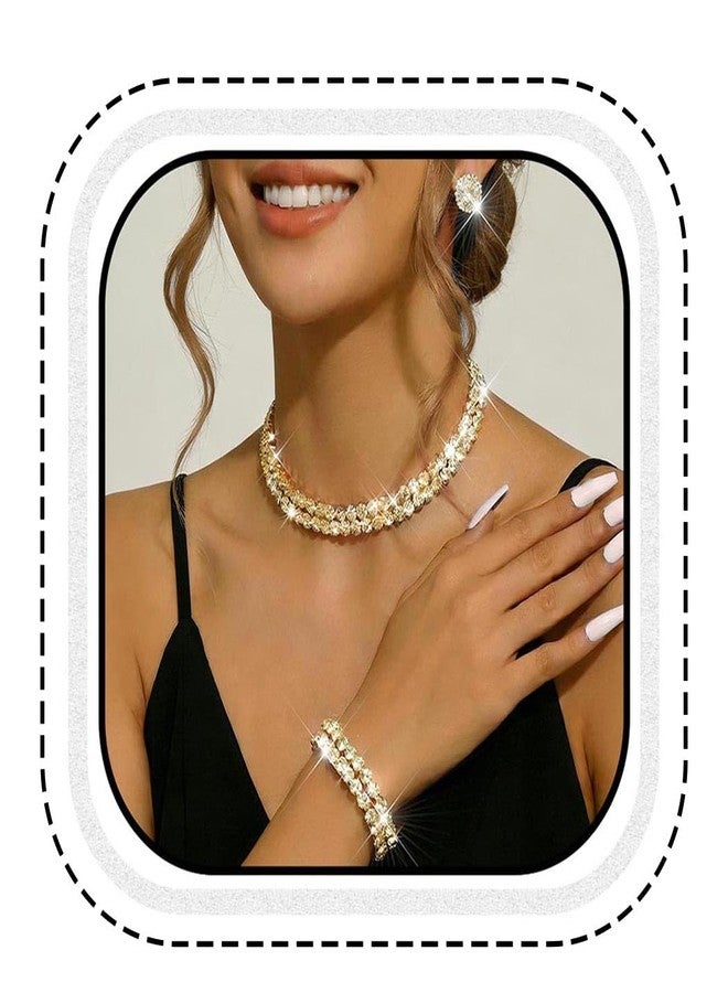 Unicra Gold Jewelry Set Rhinestone Necklace Earrings Bracelet Sets Wedding Prom Formal Jewelry for Women and Brides (Gold) - Image 1