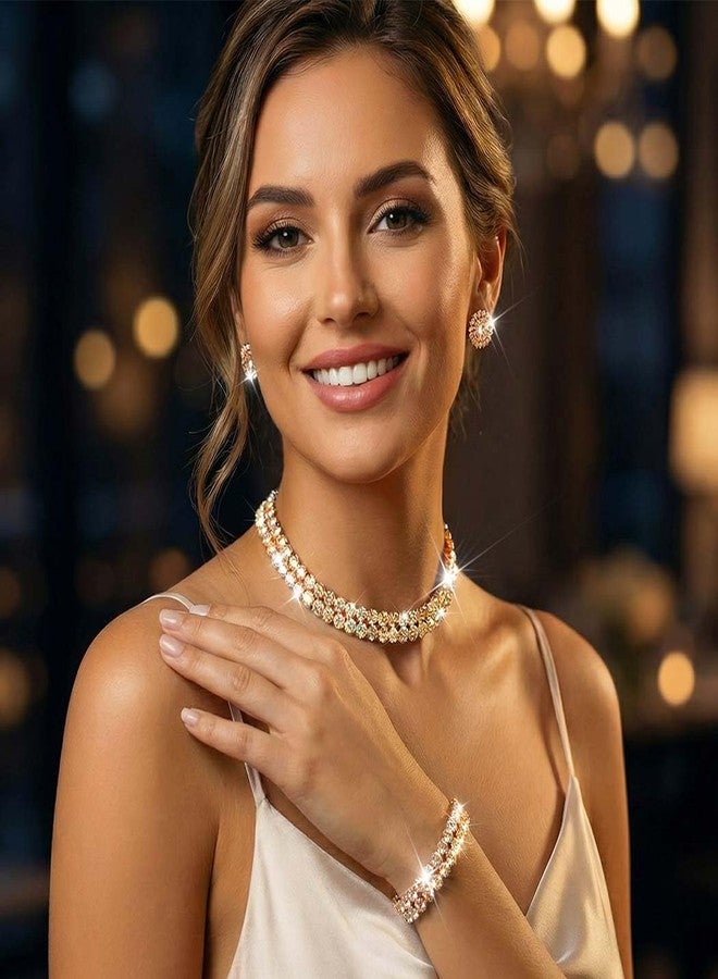 Unicra Gold Jewelry Set Rhinestone Necklace Earrings Bracelet Sets Wedding Prom Formal Jewelry for Women and Brides (Gold) - Image 3