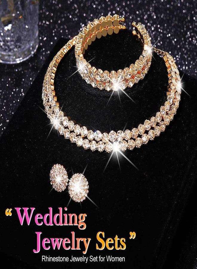 Unicra Gold Jewelry Set Rhinestone Necklace Earrings Bracelet Sets Wedding Prom Formal Jewelry for Women and Brides (Gold) - Image 2