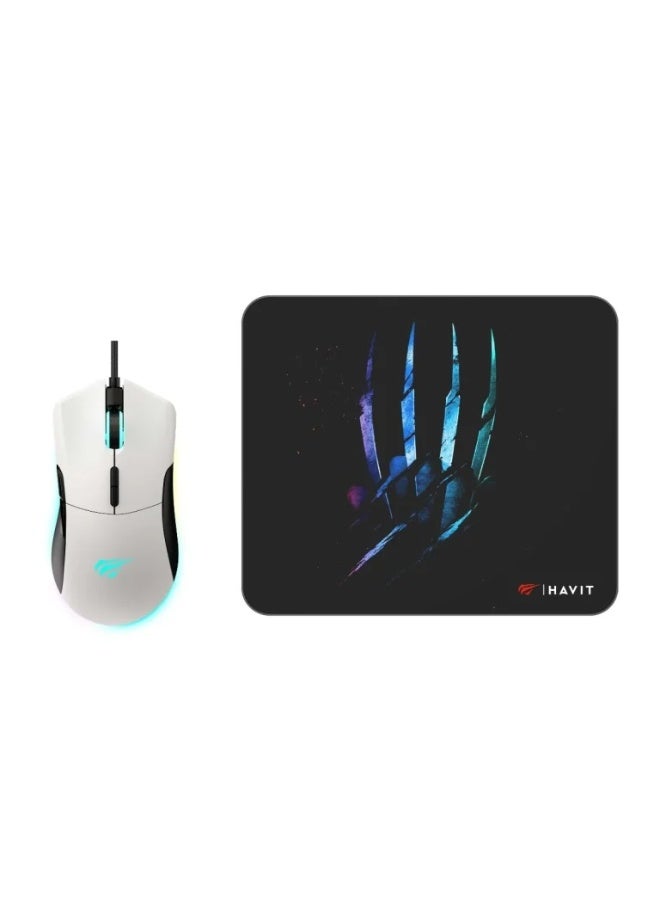 هافيت Havit Gamenote MS1037CM RGB Gaming Mouse + Mouse Pad – White & Black - Image 1