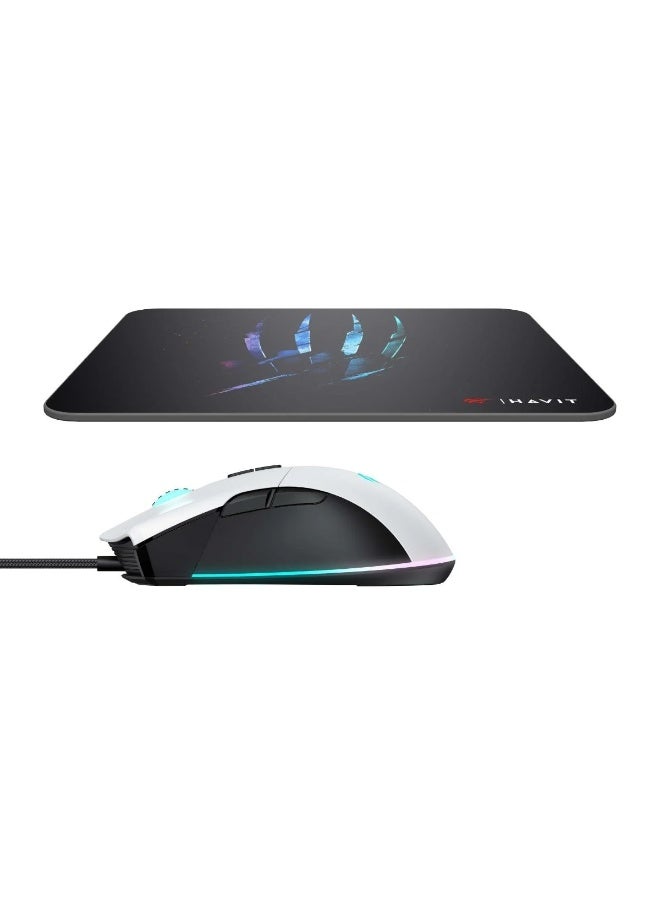 هافيت Havit Gamenote MS1037CM RGB Gaming Mouse + Mouse Pad – White & Black - Image 3