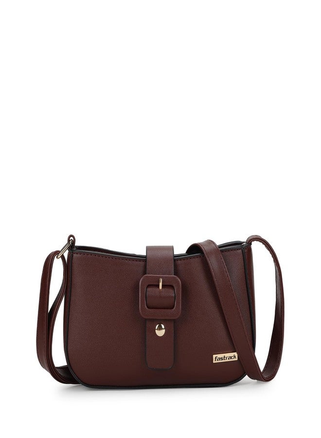 Fastrack Women's Buckle Detail Sling Bag with Flap and Top Zip Closure | Adjustable Sling Belt and Inner Zip Pocket | Stylish Everyday Bag | Trendy Women's Handbags, Brown - Image 1