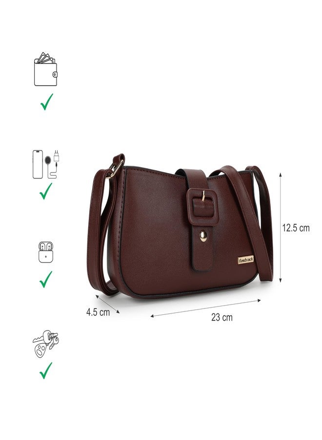 Fastrack Women's Buckle Detail Sling Bag with Flap and Top Zip Closure | Adjustable Sling Belt and Inner Zip Pocket | Stylish Everyday Bag | Trendy Women's Handbags, Brown - Image 4