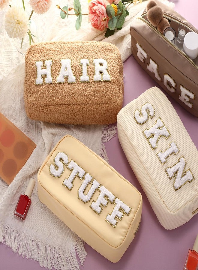 Kajaia 4 Pcs Preppy Makeup Bags Chenille Letter Bag Hair Face Skin Stuff Cosmetic Pouch Cases for Women Travel Toiletry Spend The Night(Beige, Brown, Milk White, Coffee,Fresh) - Image 4