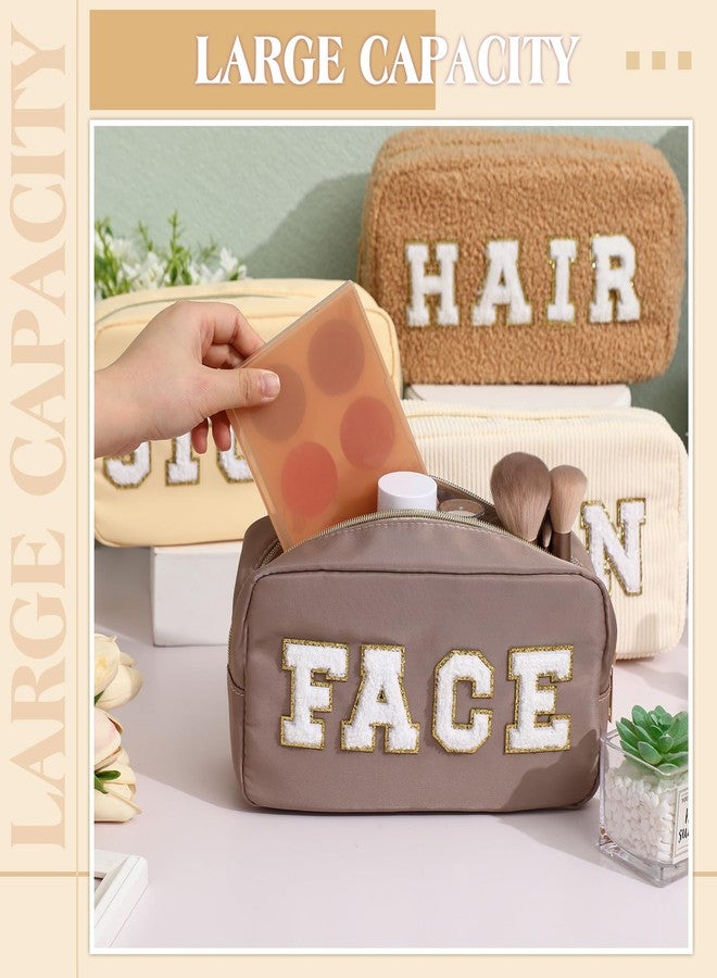 Kajaia 4 Pcs Preppy Makeup Bags Chenille Letter Bag Hair Face Skin Stuff Cosmetic Pouch Cases for Women Travel Toiletry Spend The Night(Beige, Brown, Milk White, Coffee,Fresh) - Image 5