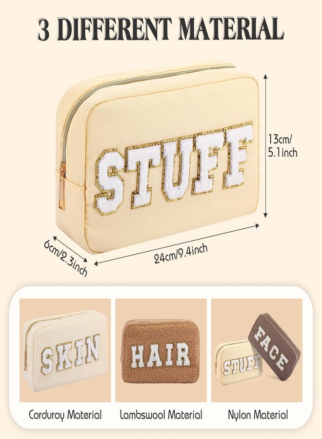 Kajaia 4 Pcs Preppy Makeup Bags Chenille Letter Bag Hair Face Skin Stuff Cosmetic Pouch Cases for Women Travel Toiletry Spend The Night(Beige, Brown, Milk White, Coffee,Fresh) - Image 2