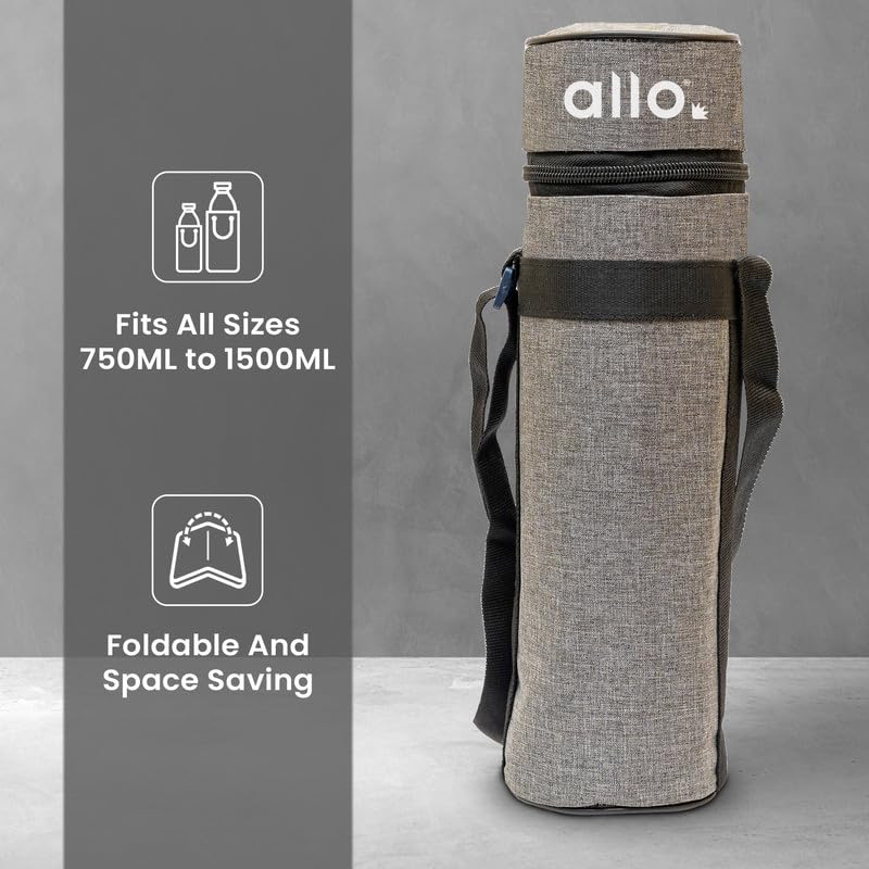 Allo Polyester Thermal Insulated Water Bottle Cover 750ml, 1L to 1.5 Litre - Waterproof Modern Carrier Bag with Adjustable Shoulder Strap & Zipper for Travel, Hiking, Office & School Kids, Canvas Grey - Image 2