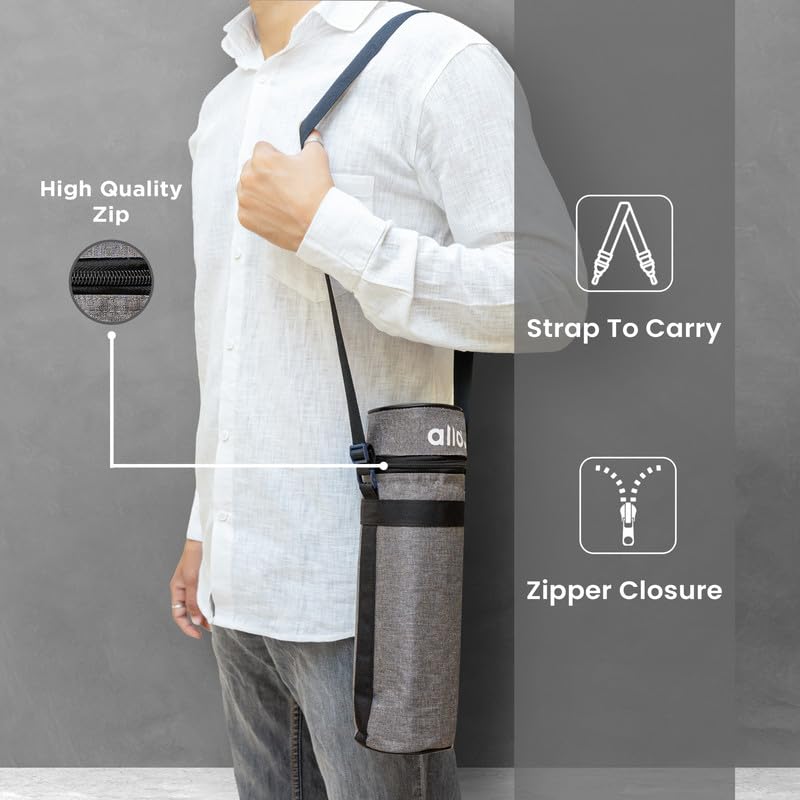 Allo Polyester Thermal Insulated Water Bottle Cover 750ml, 1L to 1.5 Litre - Waterproof Modern Carrier Bag with Adjustable Shoulder Strap & Zipper for Travel, Hiking, Office & School Kids, Canvas Grey - Image 5