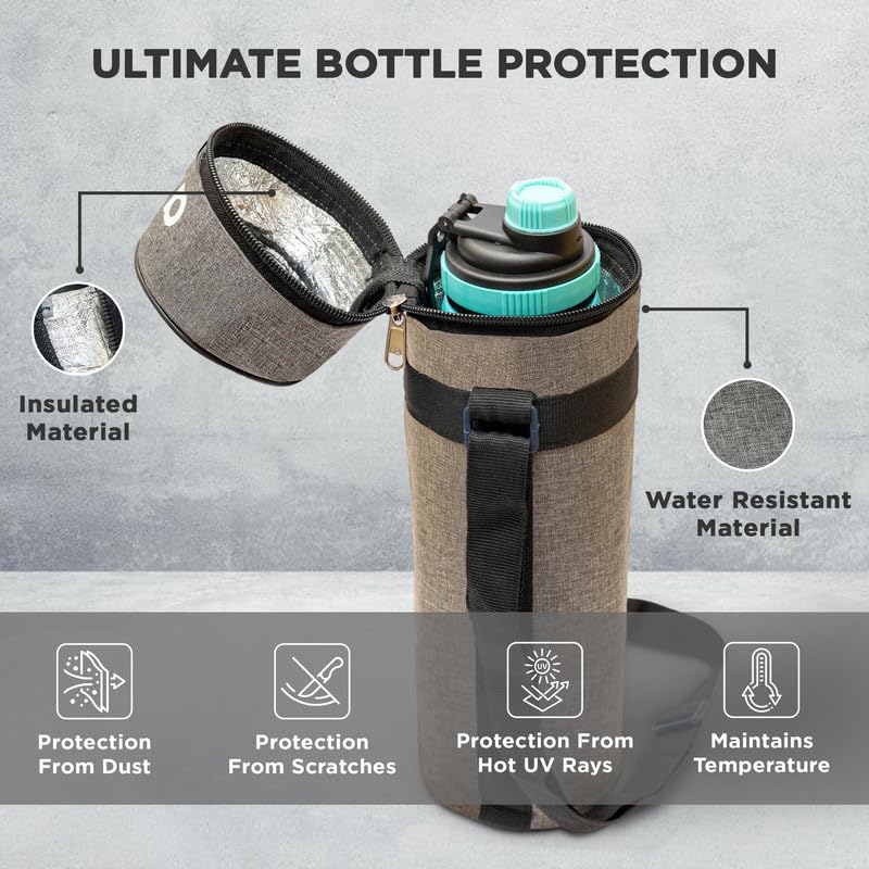 Allo Polyester Thermal Insulated Water Bottle Cover 750ml, 1L to 1.5 Litre - Waterproof Modern Carrier Bag with Adjustable Shoulder Strap & Zipper for Travel, Hiking, Office & School Kids, Canvas Grey - Image 4