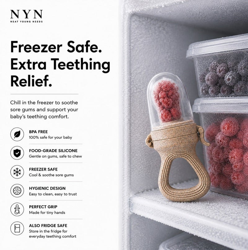 نت يونغ نيدس NYN وحدة تغذية الفواكه وعضاضة للأطفال 4 أشهر فأكثر | سيليكون مخصص لملامسة الطعام | مناسبة للثلاجة والفريزر | تصميم سهل الإمساك - Image 4