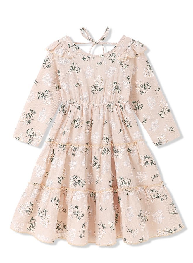 Hipea Toddler Girl Dress Long Sleeve Floral Dress Up Casual Round Neck Back Tie Ruffles Little Girls Fall Dresses 4-5T - Image 1