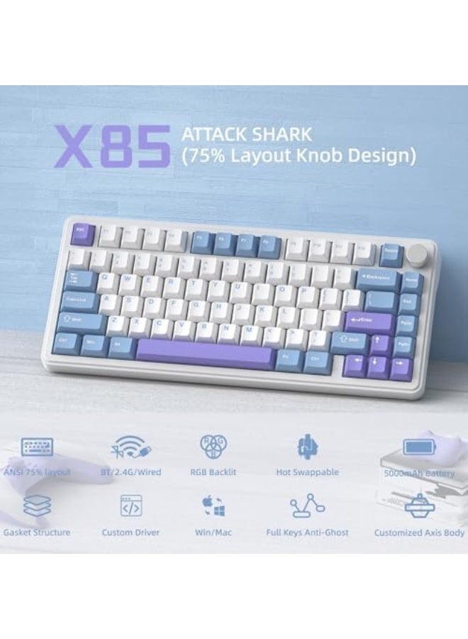 X85 Gasket (BT5.0/2.4G/USB-C) لوحة مفاتيح ميكانيكية مع مقبض، لوحة مفاتيح ألعاب لاسلكية بنسبة 75% مع خمسة طبقات من الحشو، RGB، قابلة للتبديل الساخن، كبسات PBT (بيضاء) - Image 2