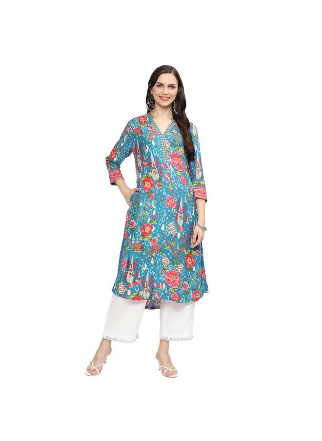 Biba - BIBA Viscose Women Printed Straight Mix and Match Kurta(Rajniwas19560_Teal_34) - Image 1