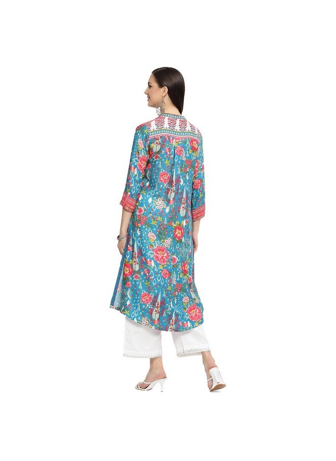 Biba - BIBA Viscose Women Printed Straight Mix and Match Kurta(Rajniwas19560_Teal_34) - Image 1