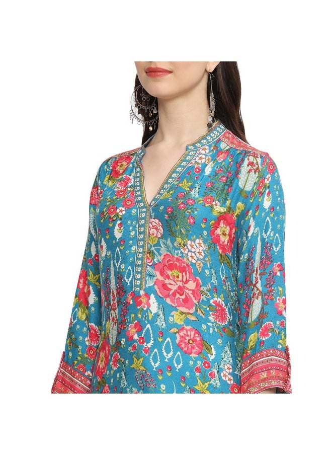 Biba - BIBA Viscose Women Printed Straight Mix and Match Kurta(Rajniwas19560_Teal_34) - Image 1