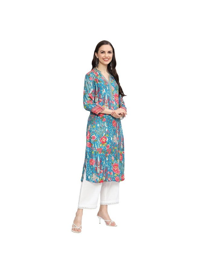 Biba - BIBA Viscose Women Printed Straight Mix and Match Kurta(Rajniwas19560_Teal_34) - Image 1