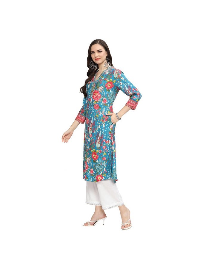 Biba - BIBA Viscose Women Printed Straight Mix and Match Kurta(Rajniwas19560_Teal_34) - Image 1