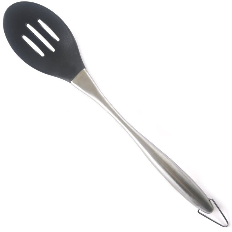 Baskety Large Silicone Cooking Spoon Slotted Spoon Nonstick Silicone Serving Spoon Stainless Steel Handle Mixing Spoon Heat Resistant Silicone Cooking Utensil Set for Frying Stirring Black Pack of 1 - Image 1