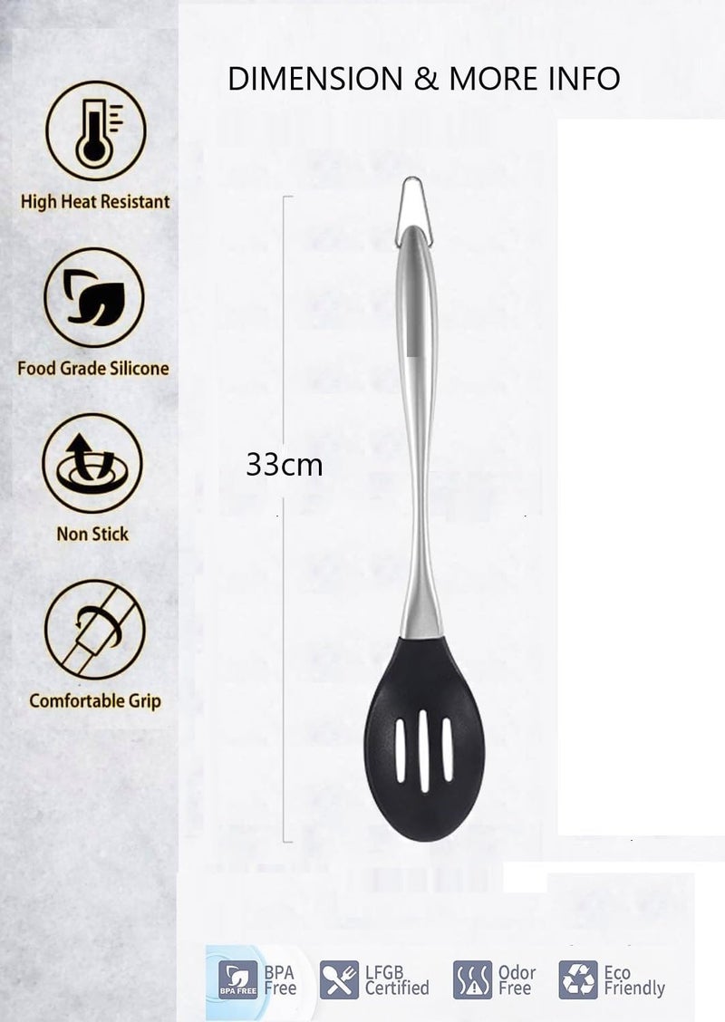 Baskety Large Silicone Cooking Spoon Slotted Spoon Nonstick Silicone Serving Spoon Stainless Steel Handle Mixing Spoon Heat Resistant Silicone Cooking Utensil Set for Frying Stirring Black Pack of 1 - Image 2