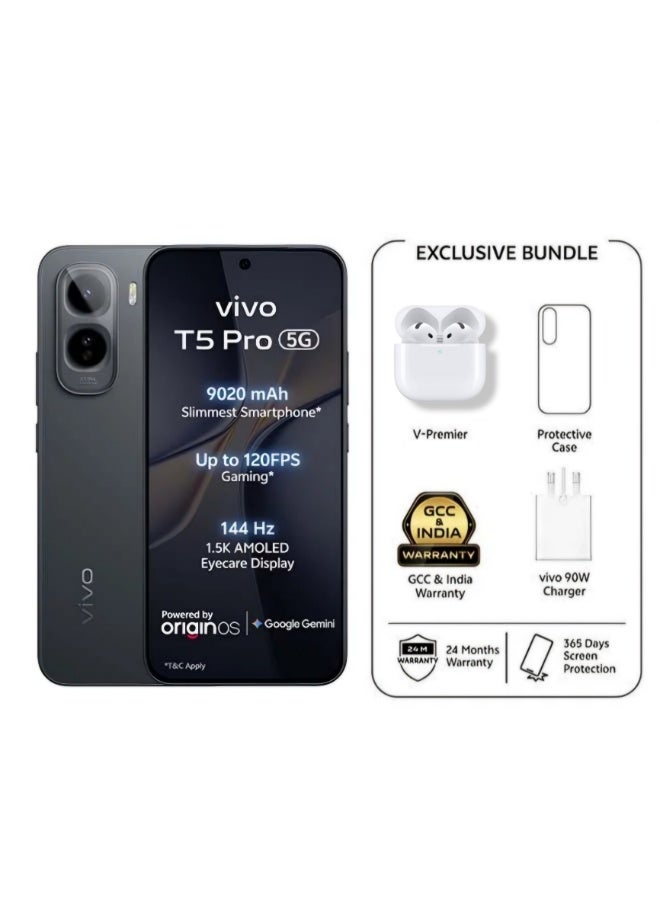 vivo T5 Pro 5G AI Dual SIM Black 8GB 256GB With Exclusive Gifts: TWS , 90W charger, Protective Cover And 24 Months Warranty + 1 Year Screen Replacement - Middle East Version - Image 1