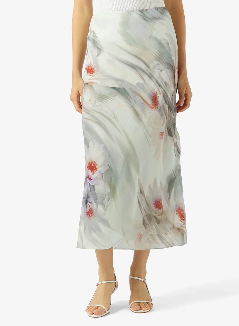 Ted Baker Floral Print Crinkled Detail Midi Skirt