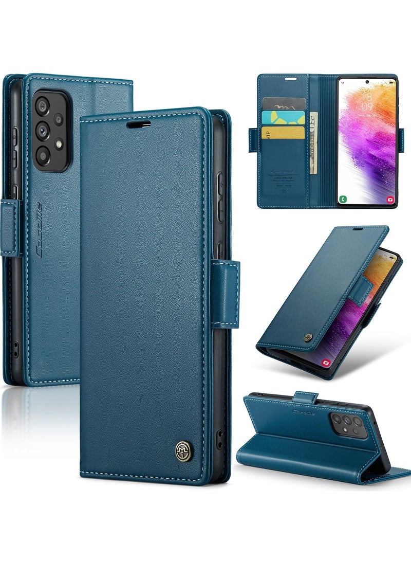 CaseMe Phone Case Luxury PU Leather Design Anti Fingerprint 023 Flip Cover Card Slot Holder Cover For Samsung Galaxy A73 (Blue) - Image 1