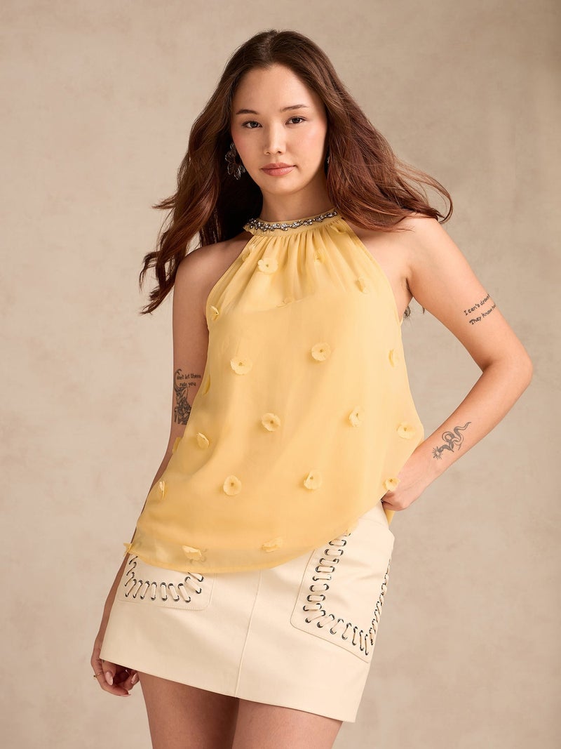 OUTZIDR Yellow Halter Neck Top In 3D Floral Embellished Fabric - Image 1