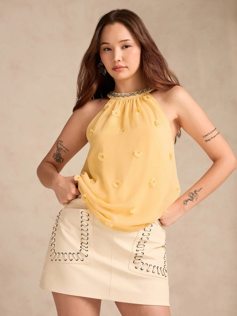 Outzidr  Yellow Halter Neck Top In 3D Floral Embellished Fabric for Women | Best Price UAE
