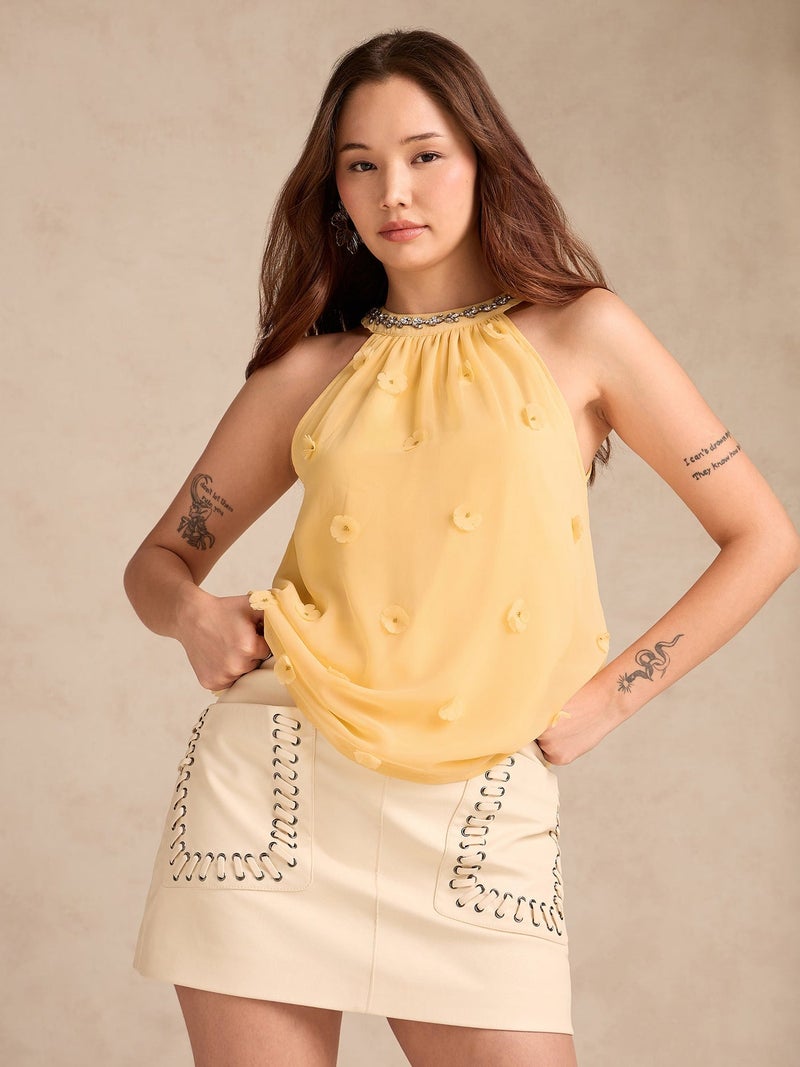 OUTZIDR Yellow Halter Neck Top In 3D Floral Embellished Fabric - Image 4