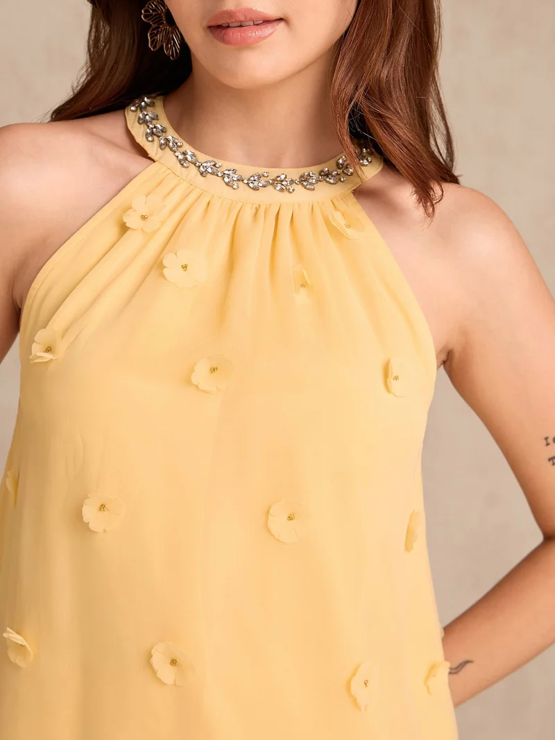 Outzidr  Yellow Halter Neck Top In 3D Floral Embellished Fabric for Women | Best Price UAE