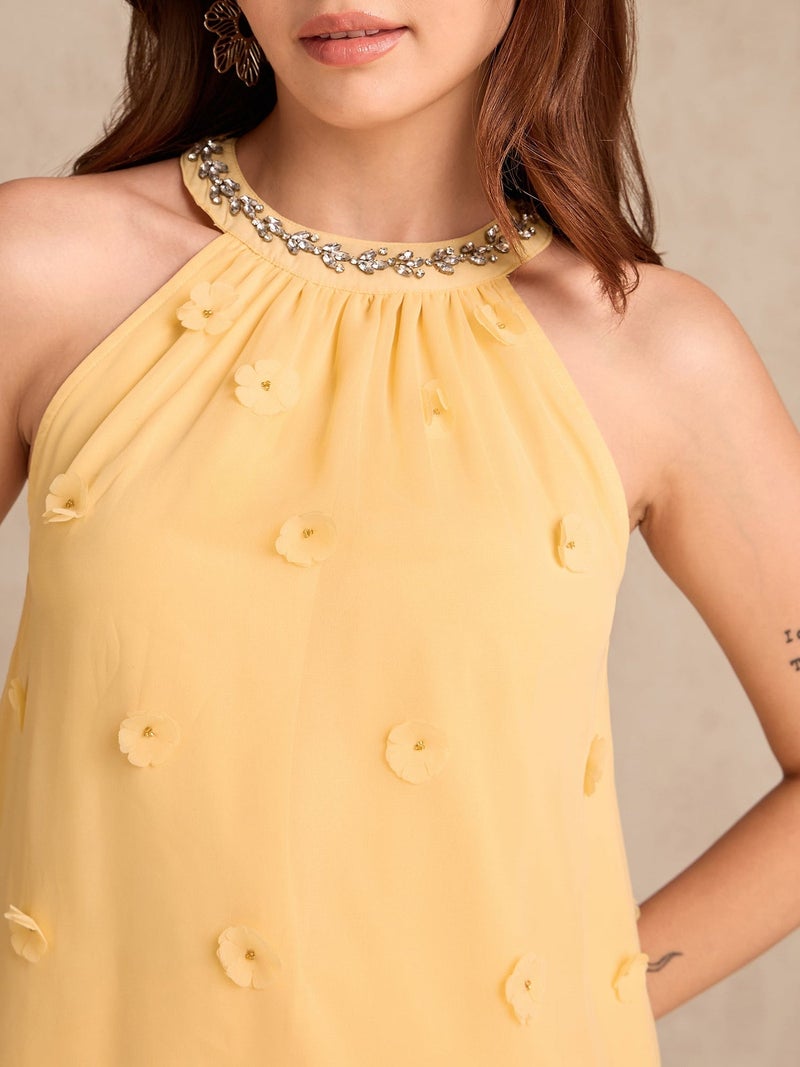 OUTZIDR Yellow Halter Neck Top In 3D Floral Embellished Fabric - Image 3