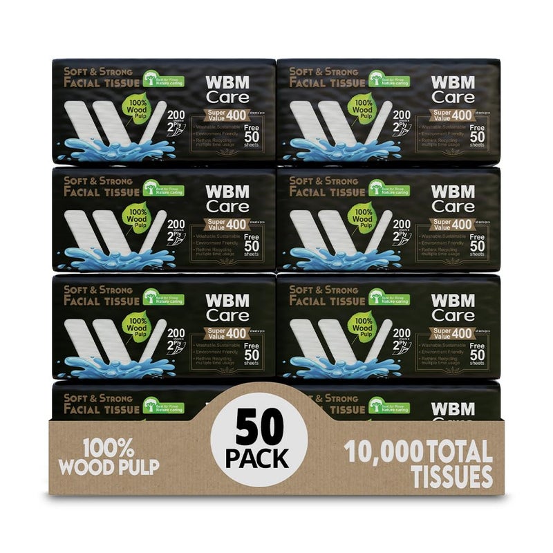 WBM مناديل الوجه المعطرة بالورد من WBM 2 طبقة 200 ورقة صندوق 10000 إجمالي 50 عبوة كبيرة فائقة النعومة - Image 1
