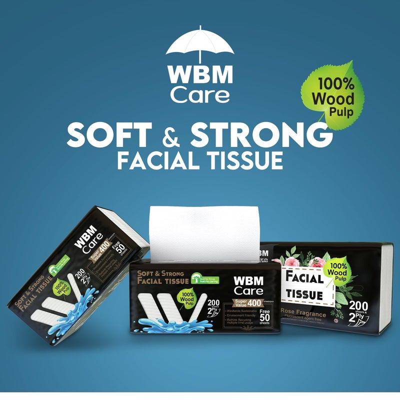 WBM مناديل الوجه المعطرة بالورد من WBM 2 طبقة 200 ورقة صندوق 10000 إجمالي 50 عبوة كبيرة فائقة النعومة - Image 2